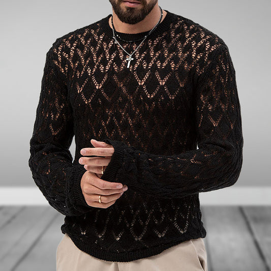 Suéter casual para hombre, con tejido calado delgado y ajustado, ideal para llevar debajo de otras prendas.