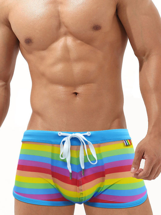 Pantalones Cortos de Baño Tipo Boxer con Tiras de Moda Arcoíris para Hombre