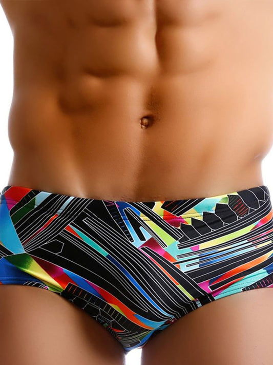 Pantalones Cortos de Baño Tipo Boxer para Hombre con Estampado Geométrico de Líneas Coloridas e Irregulares
