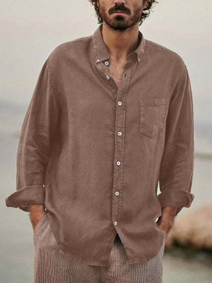 Camisa de manga larga y solapa suelta de color sólido con cierre de botón individual, siguiendo la moda europea y americana para hombres.