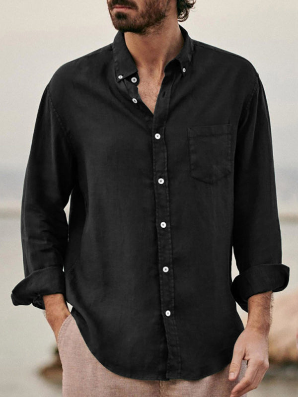 Camisa de manga larga y solapa suelta de color sólido con cierre de botón individual, siguiendo la moda europea y americana para hombres.