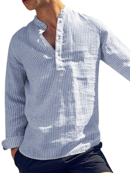 Camisa casual a rayas de algodón y lino para hombre, cómoda y transpirable.