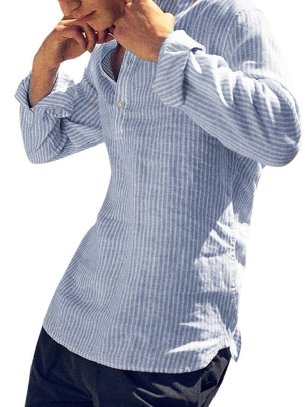 Camisa casual a rayas de algodón y lino para hombre, cómoda y transpirable.