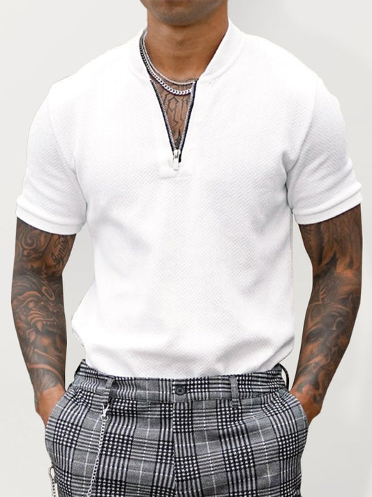 Camiseta casual de manga corta para hombre, con cuello alto y cremallera, en color sólido.