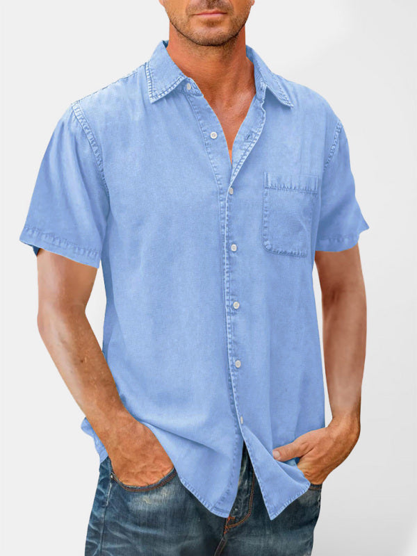 Camisa de manga corta para hombre de color sólido, estilo casual y ajuste entallado con cuello tipo solapa.