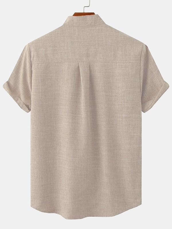 Camisa casual de primavera y verano de manga corta, en color sólido, de lino y algodón para hombre.