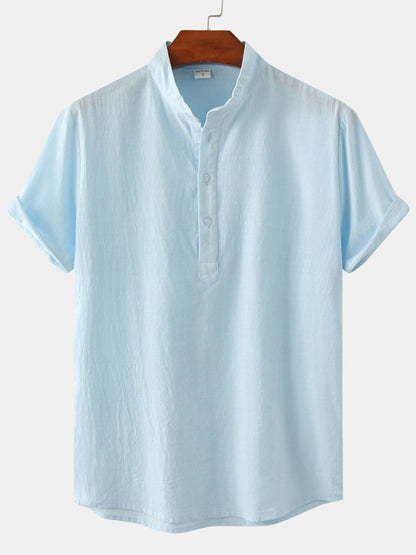 Camisa casual de manga corta de lino y algodón para hombre, con cuello de pie, ideal para la playa.