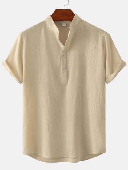 Camisa casual de manga corta de lino y algodón para hombre, con cuello de pie, ideal para la playa.