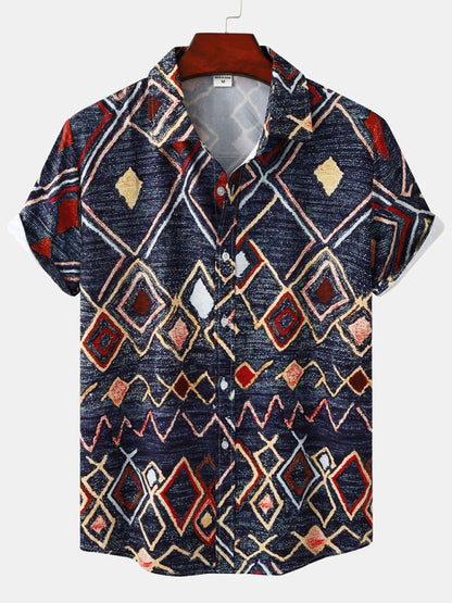 Camisa de manga corta con estampado étnico azteca vintage para hombre.