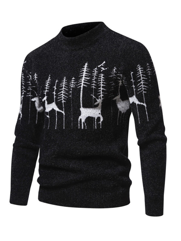 Camisa de manga larga ajustada para hombre, con cuello redondo y detalle de ciervo navideño tejido en el suéter.