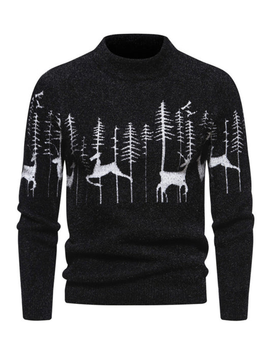 Camisa de manga larga ajustada para hombre, con cuello redondo y detalle de ciervo navideño tejido en el suéter.