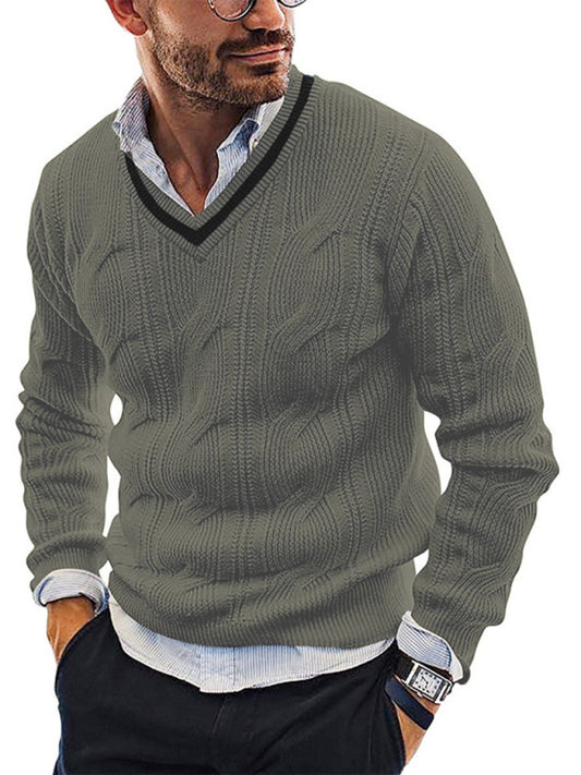 Suéter de punto de manga larga y corte ajustado con cuello en V para hombre, de moda.