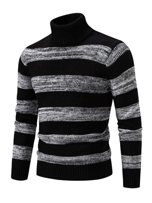 Nueva capa base de suéter de ajuste delgado con cuello de tortuga y parches a rayas para hombre.