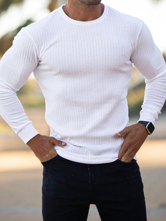 Camiseta casual de fitness, elástica y de manga larga con rayas verticales y cuello redondo.