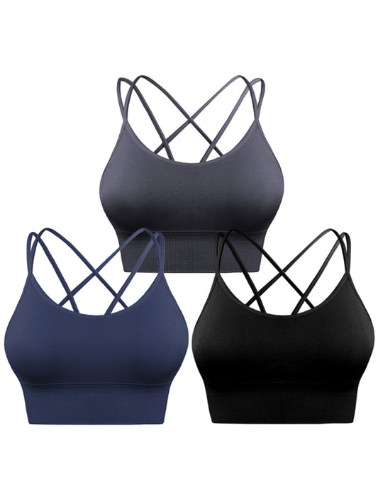 Conjunto de 3 sujetadores deportivos acolchados para mujeres, estilo crisscross, sujetador de yoga sin costuras, ideal para fitness de impacto medio.