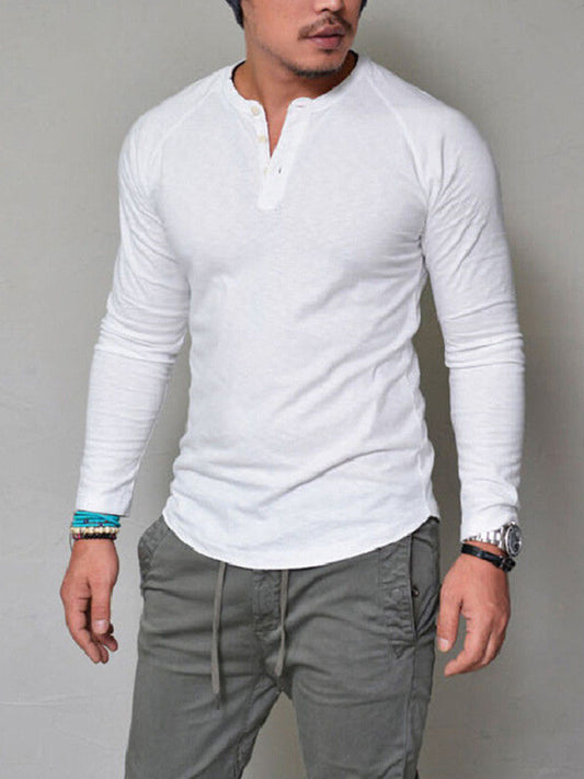 Camiseta de manga larga para hombre con cuello redondo y botones, en color sólido.