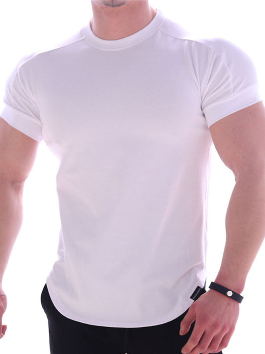 Camiseta deportiva ajustada de manga corta y cuello redondo de secado rápido de marca de moda fitness.