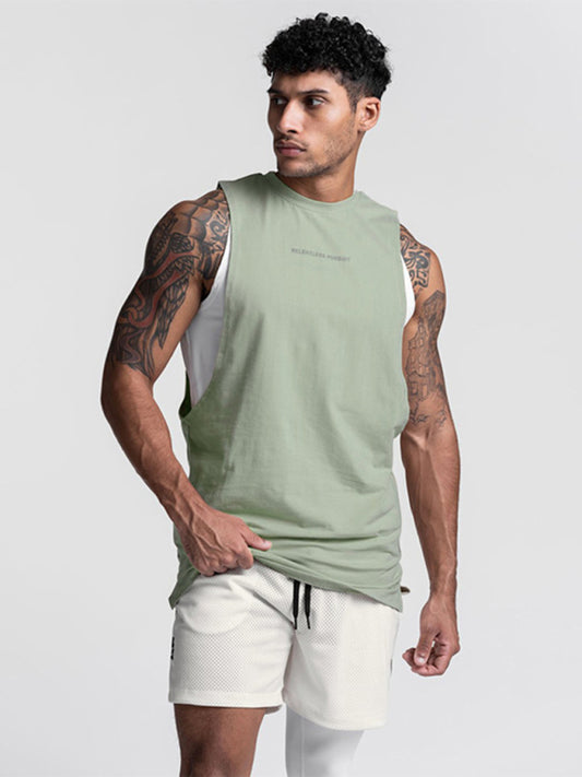 Chaleco de secado rápido sin mangas de color sólido con abertura grande suelto de marca deportiva de moda para hombres