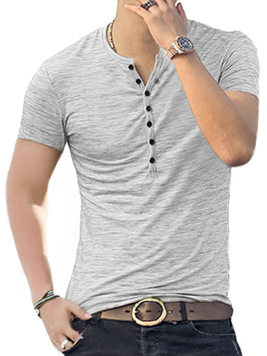 Camiseta de manga corta para hombre con cuello Henley y ajuste ceñido, ideal para el verano.