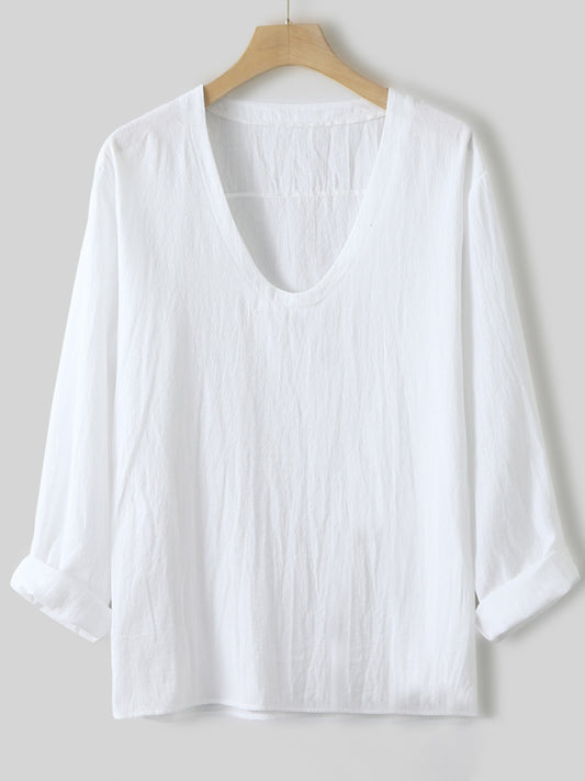 Nueva camiseta de manga larga para hombre, de color sólido con cuello en V, confeccionada en algodón lavado al agua.