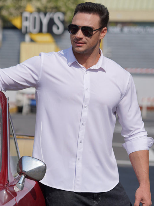 Nueva camisa delgada de negocios casual de manga larga para hombre, de color sólido y elástica.