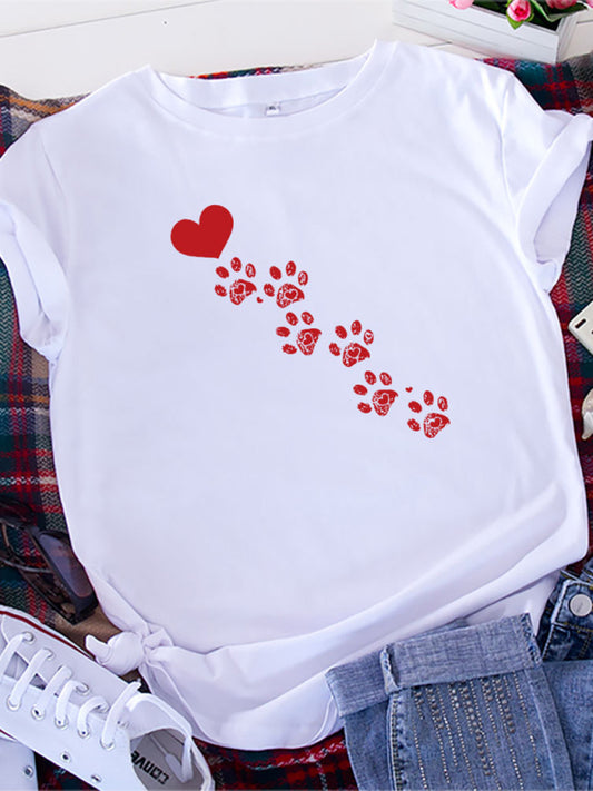 Nueva camiseta casual de algodón para mujer con estampado de huellas de animales y amor, de manga corta.